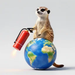 planet - sized meerkat holding a fire extinguisher and extinguishing the planet earth on fire, whole planet view, fantasy, high quality matte painting, cartoony