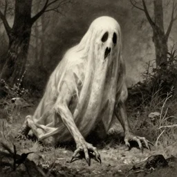 scary unproportionable tall ghost creature crawling around, 1900s picture