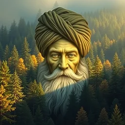 stunning forest landscape looks like a hidden face of a wise old man in a turban with a long beard dreamy surrealism, masterpiece, golden mean, award winning