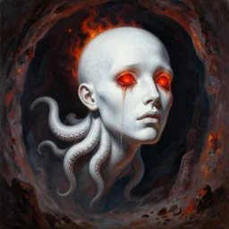 painting by greg rutkowski of a flying human head with tears running down it's face face that is chalk white in color, with white!! tentacles coming down through the neck, fiery scorching red eyes, flying in a terrying hell like cavernous place