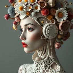 biomechanical beautiful woman portrait with a smooth carved porcelain ivory profile face, futuristic haute couture, iris van herpin, headdress with daisies, colorful puffballs, mushrooms, rhizomorphs, brackets, sponge corals, laser cut fractal lace, red plump lips, beautiful eyes, hyper detailed, ultra sharp, 8 k, uhd