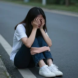 a girl sat crying on a road