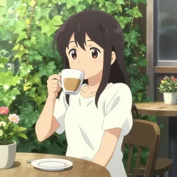 a cute young anime woman drinking coffee at a outdoor cafe, lush overgrowth, ivy, foliage, flowers, cute face by ilya kuvshinov, makoto shinkai, kyoani, masakazu katsura, dynamic pose, crisp and sharp, yoshinari yoh, gelbooru, danboor, rounded eyes, anime poster, cel shaded
