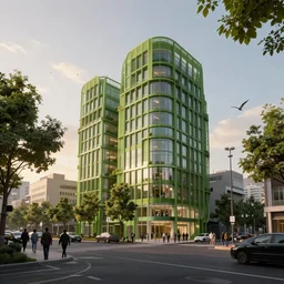 street view of green building in city designed by zaha hadid with trees and people walking, birds flying, cinematic, cinematic lighting, sunset photograph, vfx film, ultrarealistic, artstation trending, 8 k