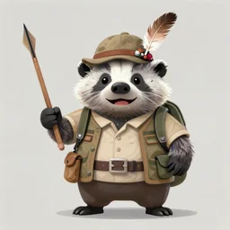 portrait of a stumpy cheery humanoid badger wearing a feathered cap and expedition garb, holding a blow dart