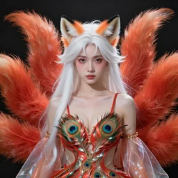 prompt A beautiful head of a white red orange kumiho, translucent silky dress made of peacock tails, a bra made of peacock feathers, close up front view, long hair in the shape of clumpy fox tails, backlit, concept art, matte painting, trending on artstatioin, by Peter Mohrbacher