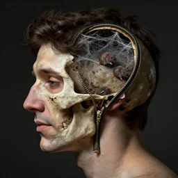 a profile portrait of justin trudeau with a zippered opening into skull showing the cranial cavity, zippered opening in skull, inside head cobwebs, dust and rats, digital art, highly detailed, by david cronenberg, raphael, caravaggio