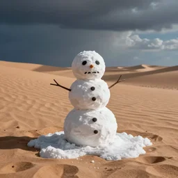 a sad snowman melting in the desert. dramatic photo