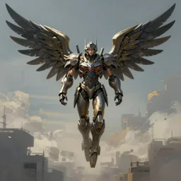 muscular woman wearing armor with large mecha wings flying into the sky, matte painting, brutalist painting, Anthem game, battle angel, single character full body, 4k, illustration, concept art, rule of thirds, centered, transformers