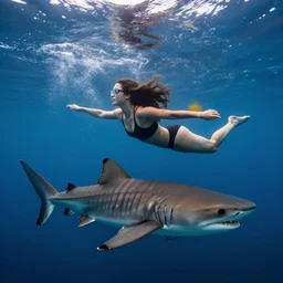 masterpiece  full body portrait of a beautiful woman swimming with a leopard shark, dynamic lighting,, national geographic, stunning