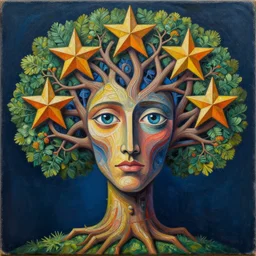 intricate five star tree man by pablo picasso, oil on canvas, hdr, high detail, photo realistic, hyperrealism, matte finish, high contrast, 3 d depth, centered, masterpiece, vivid and vibrant colors, enhanced light effect, enhanced eye detail, artstationhd