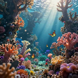 Realistic, highly detailed, underwater environment landscape, rainbow coral forest, sea butterflies, fantasy flowers, bloom, god rays, cinematic lighting, by Bierstadt, by Norman Rockwell, by Maxfield Parrish, by Alphonse Mucha, fantasy, portfolio illustration, highly detailed, trending on Artstation, CGsociety, Pixologic top row, rendered in Octane, rendered in Arnold, HQ, 8k, 35mm lens, f2.8, Bokeh,