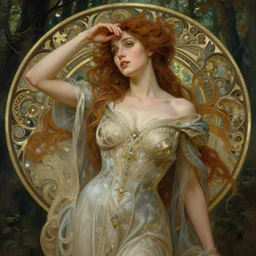 portrait of elegant beautiful woman,  ethereal, expressive pose, intricate dress, fantasy, intricate,  forest background, highly detailed, digital painting, artstation, concept art, smooth, sharp focus, illustration, art by artgerm and greg rutkowski and alphonse mucha