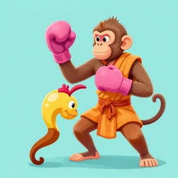 monk fight monkey with pink gloves, retro 5 0 s style, art by by greg rutkowski and siudmak and richard corben and moebius