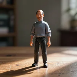 steve jobs action figure by pixar sad bokeh on wooden table