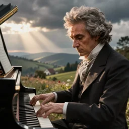 beethoven playing piano, beautiful landscape, dramatic lighting, cinematic, establishing shot, extremly high detail, photorealistic, cinematic lighting, post processed, concept art, artstation, matte painting, style by greg rutkowsky