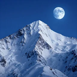 a cinematic hyperrealism detailed photograph of snow mountain, blue moon shining in sky by greg rutkowski and thomas kinkade, trending on artstation.