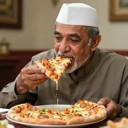 Pizza eating ismail sabri realistic, 8k, detailed