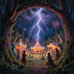 closeup of a night carnival inside a tree cavity in a magical forest in the middle of a summer storm, with a music scenario with many fireworks and christmas lights, volumetric lightning, instense god rays in the sky, folklore people disguised with fantastic creatures in a magical forest by summer night, masterpiece painted by greg rutkowski, scene by dark night environment, refraction lights,