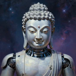 a perfectly centered and symmetrical portrait of a biomechanical robot buddha, intense stare, sarcastic smile, volumetric lighting, volumetric shadows, highly detailed, cosmic background, concept art, octane render, unreal engine realistic oil painting by tim hilderbrandt,