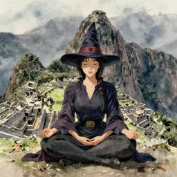 a realistic and atmospheric watercolor from howl's moving castle ( 2 0 0 4 ) of a witch in lotus position in machu pichu. very dull muted colors, hd, 4 k, hq