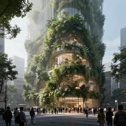 a street view of a building with biophilic architecture by koichi takada, crowds of people, cinematic, dramatic lighting, detailed, hyperrealism, volumetric, misty, beautiful, artstation, unreal engine highly rendered, 8 k