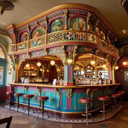 a beautiful joyful and colorful intricate victorian bar, 4 k, ultra - wide angle, elagant, highly detailed, photorealistic, octane render, 8 k, unreal engine, hd, trending on artstation, hyper detailed, intense colors
