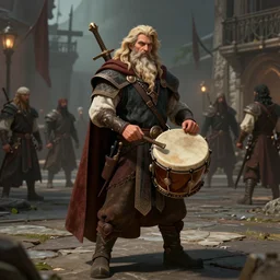 Protean (D&D)  bearded bard holding a drum, ornately dressed, standing in populated Baldur\'s Gate city square, hyperdetailed, artstation, cgsociety, 8k