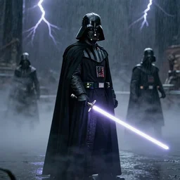 sith lord with lightsaber, no darth vader, fog on the ground, heavy rain, lightning, moody lighting, shallow depth of field,