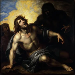 illuminated manuscript tumultuous by jusepe de ribera. a beautiful mixed mediart that of the feeling of terror & anguish. the bright sky contrasts sharply with the dark, ominous figure in the background, creating a sense of unease & foreboding. the figure's face is twisted in a scream of agony, conveying the true horror of the scene. this mixed mediart is truly a masterpiece of emotion & terror.