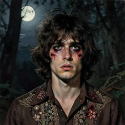 a beautiful but sinister ethnically ambiguous young man in layers of fear, with haunted eyes and wild hair, 1 9 7 0 s, seventies, woodland, a little blood, moonlight showing injuries, delicate embellishments, painterly, offset printing technique, by brom, robert henri, walter popp