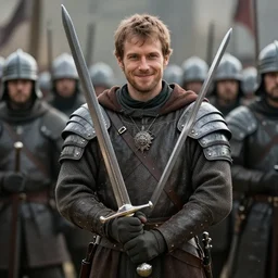 cinematic artwork of a medieval commander in front of his army, holding his sword with a slight smile on his face by greg rutowski, 4 k, masterpiece