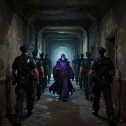 police men following a mage, dilapidated building hallway, dramatic dark lighting, long shot, leage of legends anime, official league of legends art