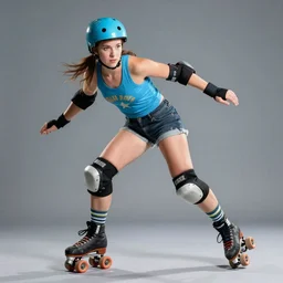 roller derby girl wearing quad skates, dynamic angle, studio photograph and lighting