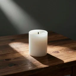 a white candle on a wooden table. dramatic lighting