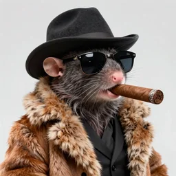 anthropomorphic gangster rat with a large cigar in its mouth, wearing a fur coat, wearing sunglasses and a hat, long fur, detailed, 3d render, 4k, pixar