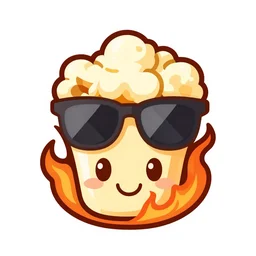 vector anime chibi style logo featuring a single piece of flaming piece of popcorn with a smiling face, with mirrorshades sunglasses, popcorn as morpheus, clean composition, symmetrical