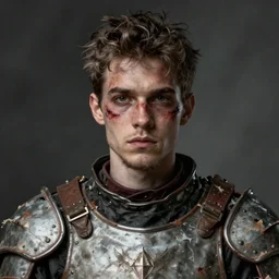 portrait painting of young man with burn scars on his face and poorly shaved hair wearing tattered light armor, ultra realistic, concept art, intricate details, eerie, highly detailed, photorealistic, octane render, 8 k, unreal engine. art by artgerm and greg rutkowski and charlie bowater and magali villeneuve and alphonse mucha