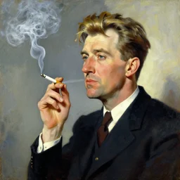 david lynch smoking cigarette, billowing smoke, painting by jc leyendecker!! phil hale!, angular, brush strokes, painterly, vintage, crisp
