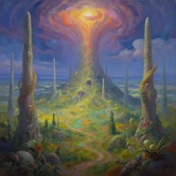 dmt psychedelic realm landscape painting, fantasy, digital art, in the style of Robert Tinney