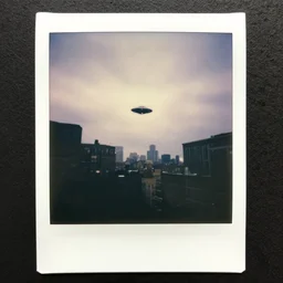 an aged polaroid photo catching a glimpse of a small ufo flying above new york, gloomy, grainy, rainy