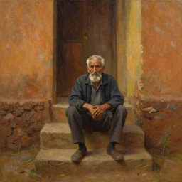 old man sitting on the stairs in the village warm colors, soft lighting, atmospheric, cinematic, moody, in the style of diego koi, gina heyer, luiz escanuela. art by alyssa monk, hyperrealism, rule of thirds, oil on canvas, 8 k