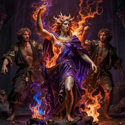 darker blight of hopeful sins by whelan and driben and massys and hubert robert and staples and william etty and brom and deharme, beautiful, mythical, cloak, robe, highly detailed, hyperrealistic, intricate, energy, orange and purple electricity, blue flame, low light, high contrast, lifelike