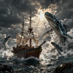 Steampunk ship being attacked by kraken near whirlpool