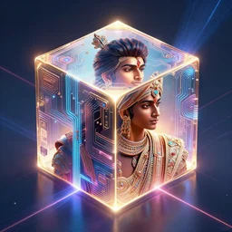 symmetry!! indian prince of technology, solid cube of. light, hard edges, product render retro - futuristic poster scifi, lasers and neon circuits, brown skin handsome indian prince, intricate, elegant, highly detailed, digital painting, artstation, concept art, smooth, sharpfocus, illustration, dreamlike, art by artgerm