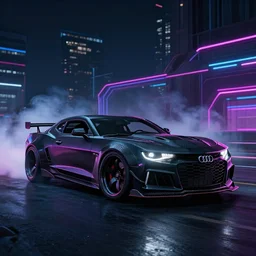widebody all black audi camaro b 8 ( 2 0 1 3 ), need for speed : carbon, at night, sci - fi, neon lines, phonk music background, smoke behind wheels, noise, dark, establishing shot, by simon stalenhag