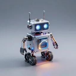 photo of mini robot made of spare electric parts and glowing nixie minimal liminal design