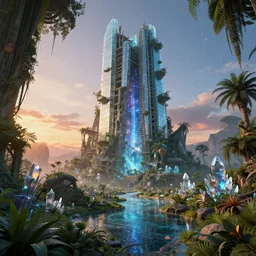 a beautiful hyperdetailed highly detailed unfinished building garden by jean delville, at dawn made of glass bioshock universe azeroth cosmic galactic sea hyperrealism elysian meadow nature rainforest mars alien crystal san andreas bladerunner 2 0 4 9 reclaimed by nature sunset apocalyptic, archdaily, wallpaper, highly detailed, trending on artstation.