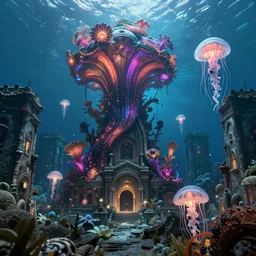 high quality sharp photo of cinematic underwater dystopian byzantine city ruins with giant bioluminescent multicolor mutant plants and cyborg jellyfish, digital art masterpiece, aykut aydogdu eric zener, very dramatic volumetric light, long shot, ground angle uhd 8 k, deep focus