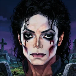 michael jackson!!!! realistic dramatic !big face realistic close up concept art  of michael jackson thriller zombie as a dragon ball Z  character,dark eye sockets,  graveyard landscape at night , 4k anime character illustration by akira toriyama, artstation